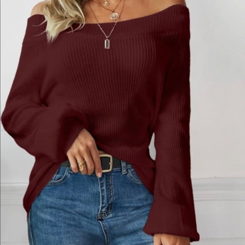 off the shoulder maroon sweater